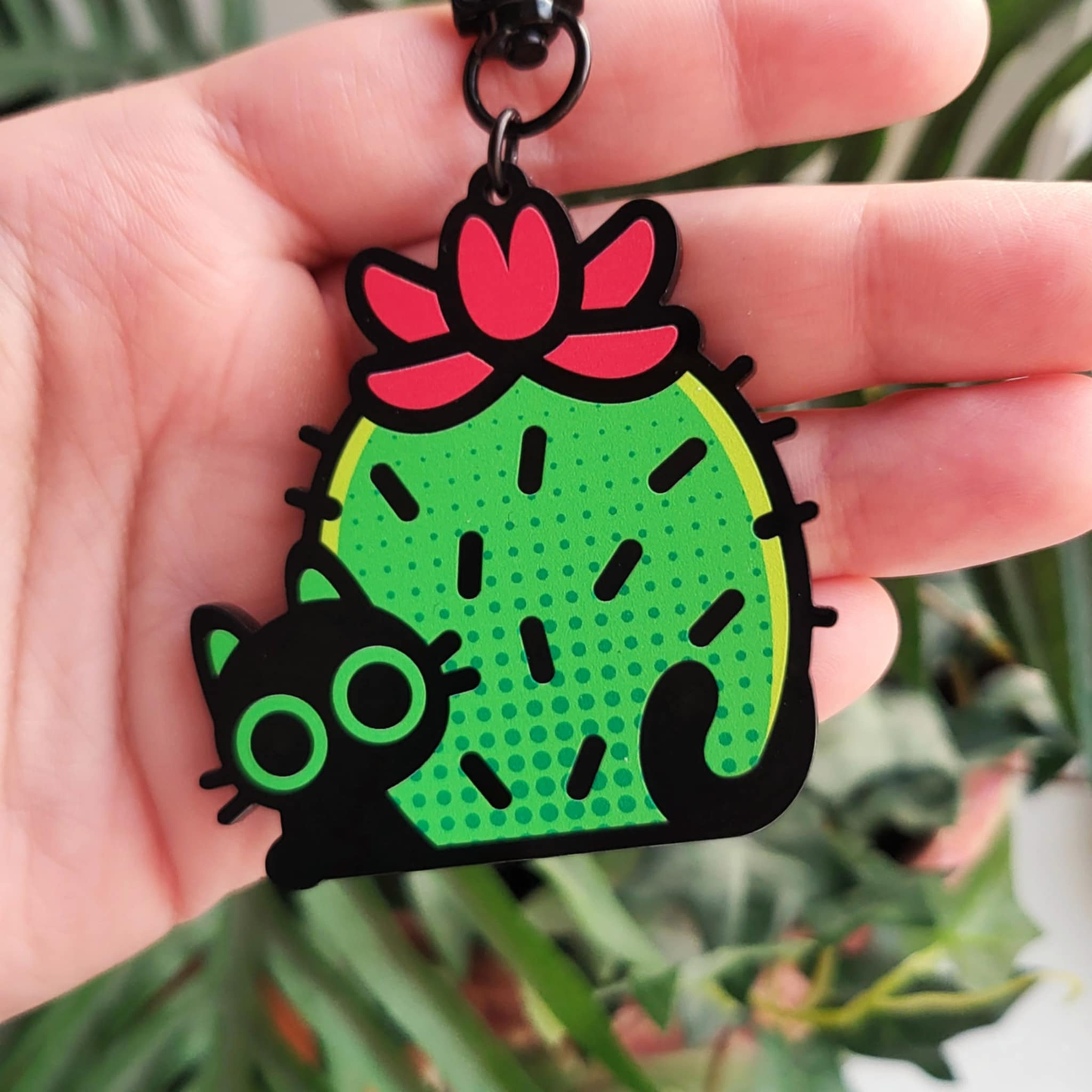 Cactus Cat Black Acrylic Keychain