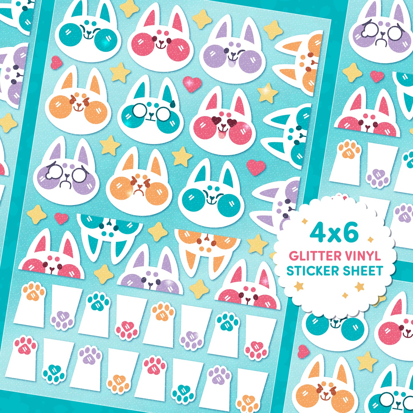 Colorful Cats Glitter 4x6 Sticker Sheet