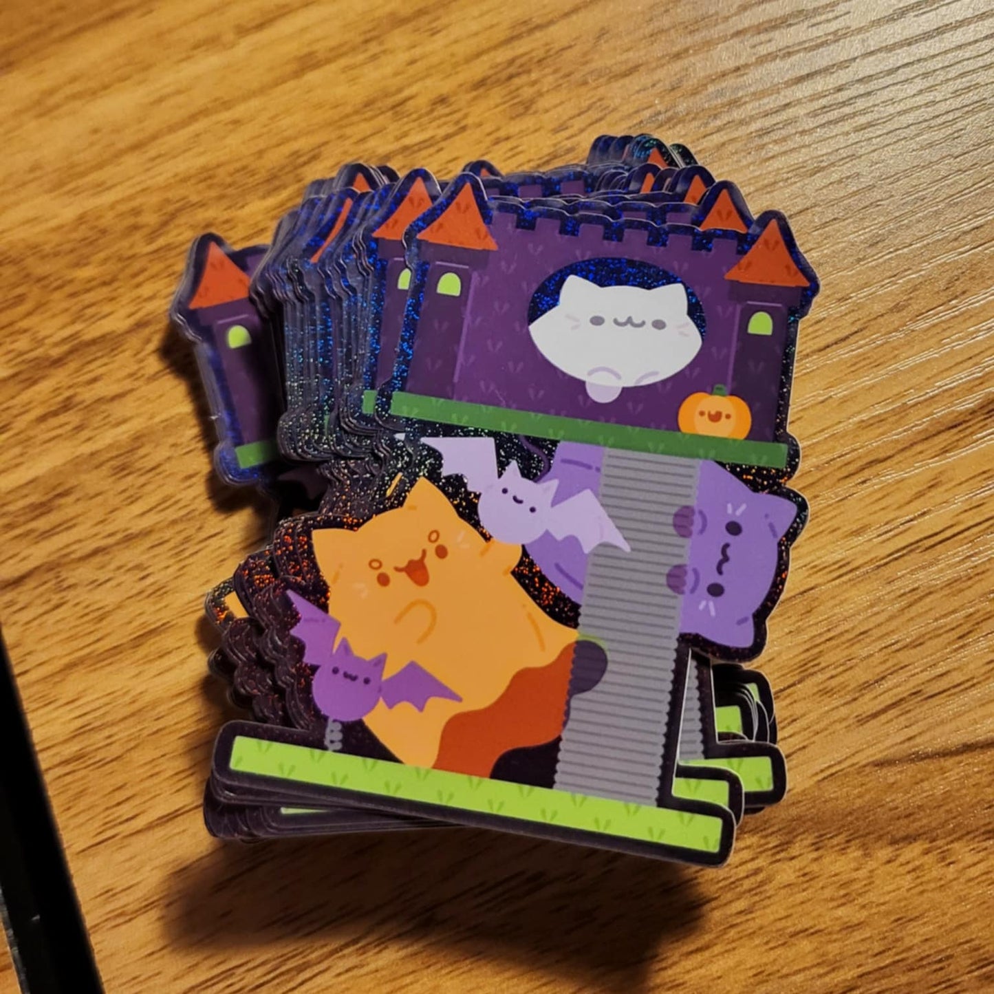 Cat Tree Ghosts Glitter Vinyl Sticker by Laura Illustrates