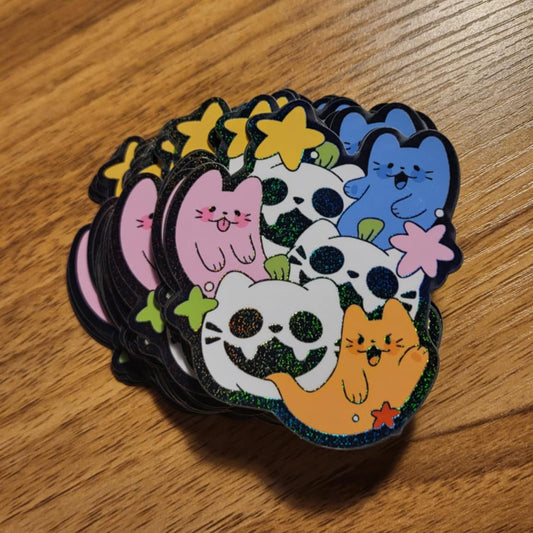 Skull Ghost Cats Glitter Vinyl Sticker by Jushmu