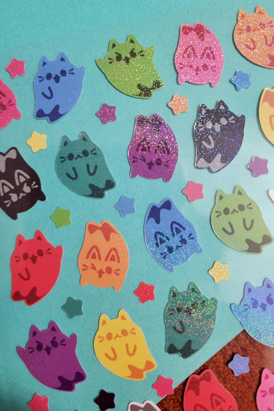 ***PRE-ORDER: Rainbow Ghost Cats Glitter 4x6 Sticker Sheet