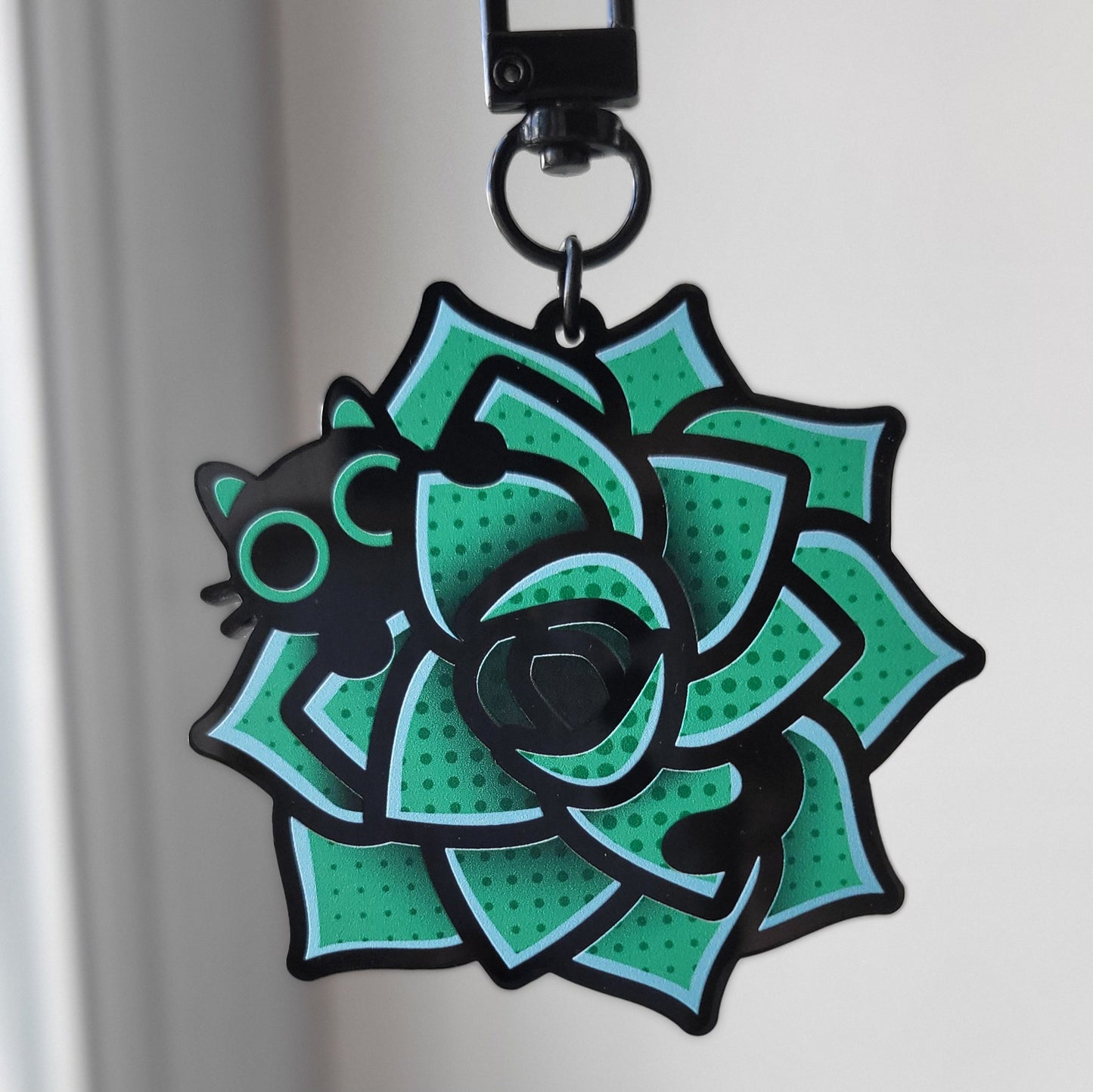 Succulent Cat Black Acrylic Keychain