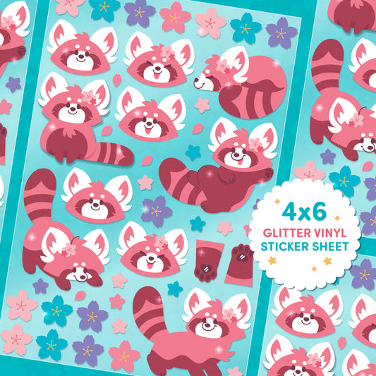 ***PRE-ORDER *** Cherry Blossom Red Panda Glitter 4x6 Sticker Sheet