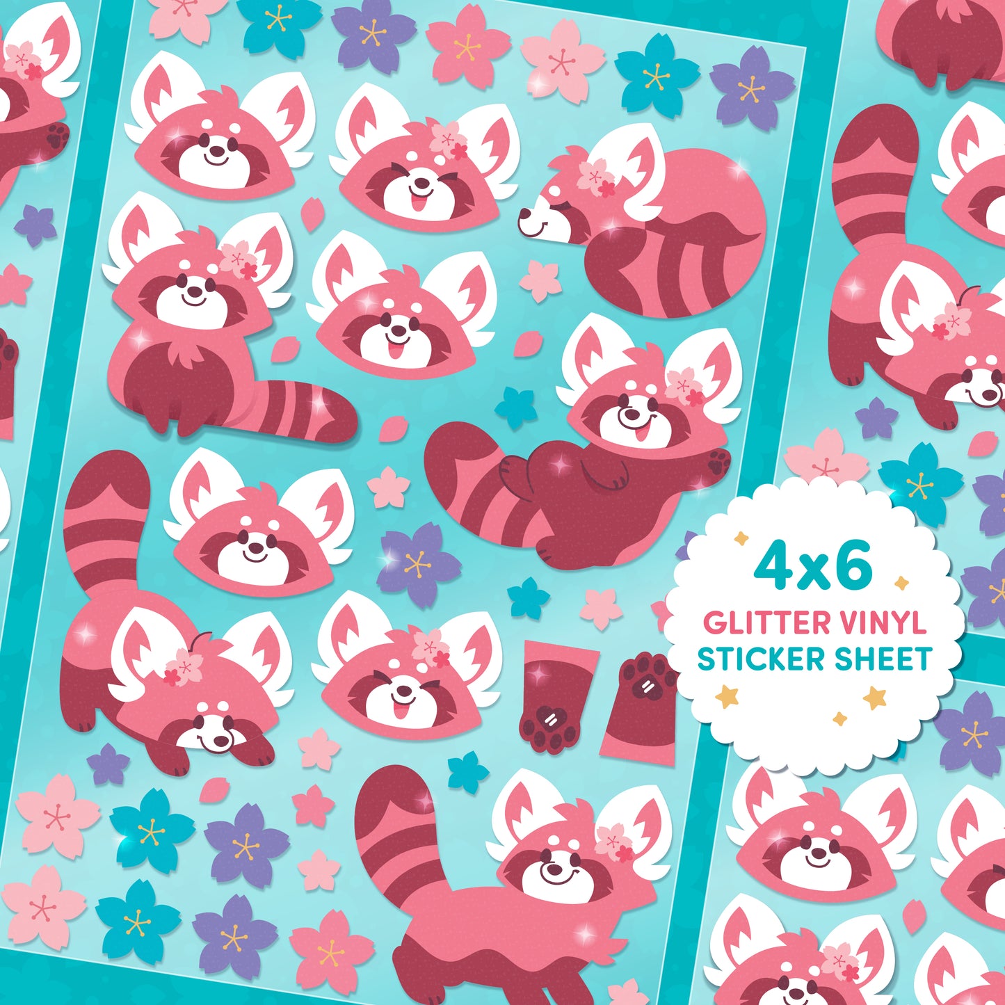 Cherry Blossom Red Panda Glitter 4x6 Sticker Sheet