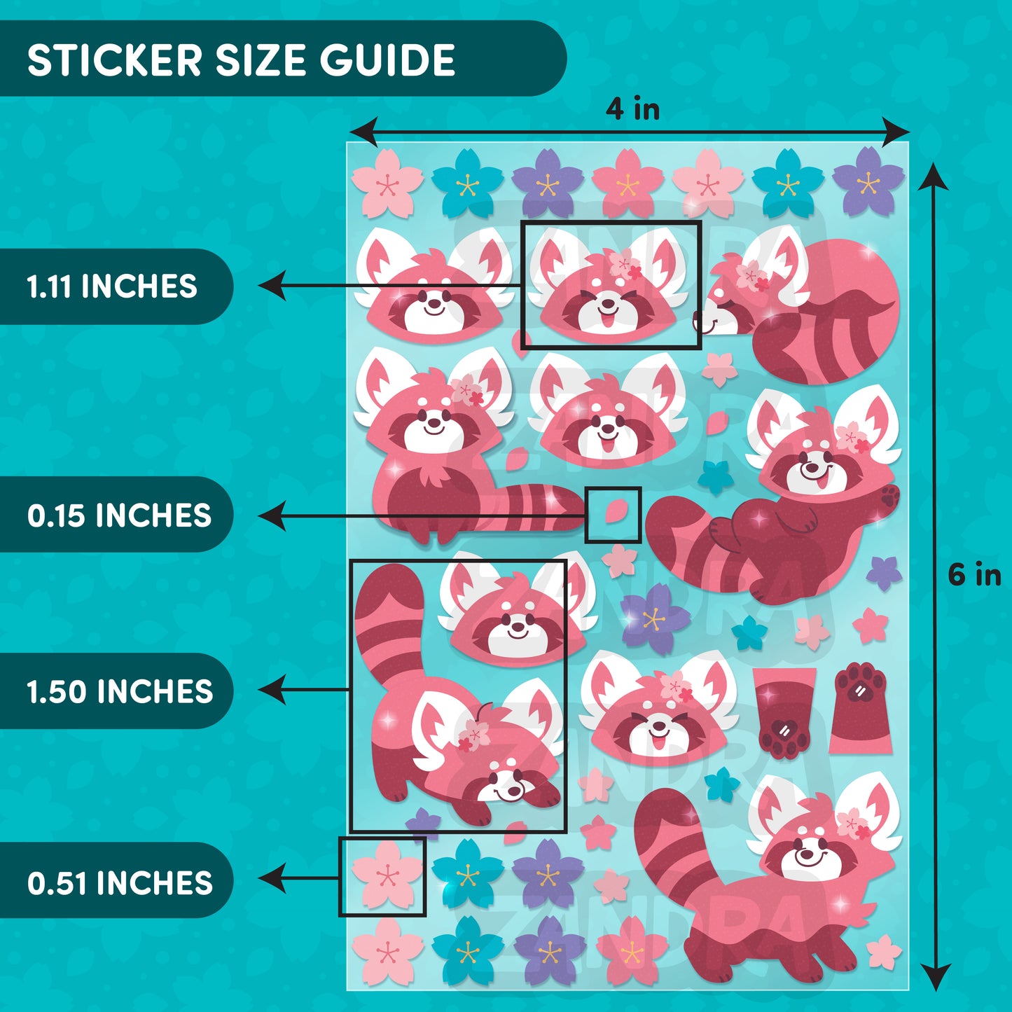 Cherry Blossom Red Panda Glitter 4x6 Sticker Sheet