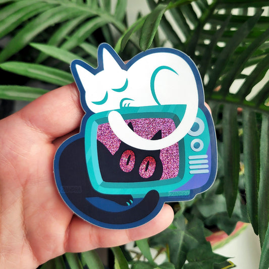 Black & White Cats Television Glitter Vinyl Sticker