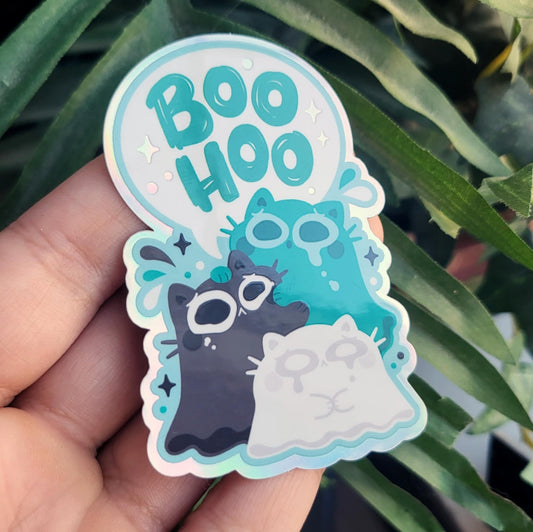 Crying Ghost Cats Holographic Vinyl Sticker by Catmint Studios