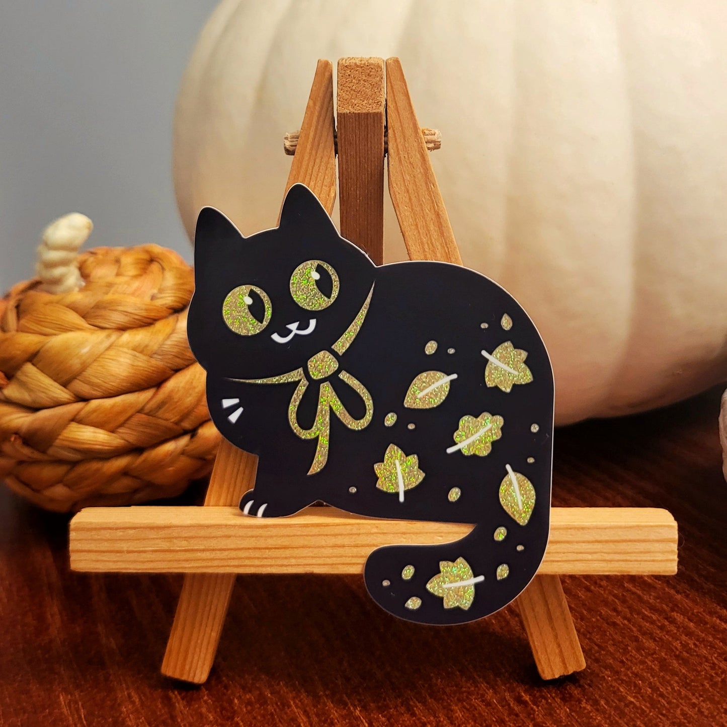 Autumn Leaves Cat (Yellow) Glitter Vinyl Sticker
