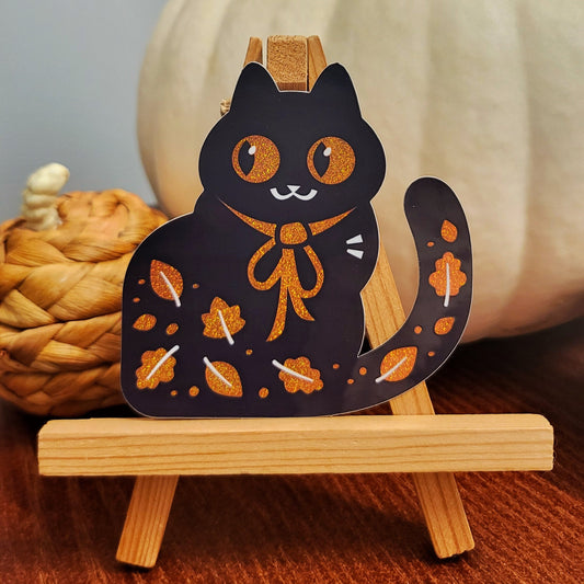 Autumn Leaves Cat (Orange) Glitter Vinyl Sticker