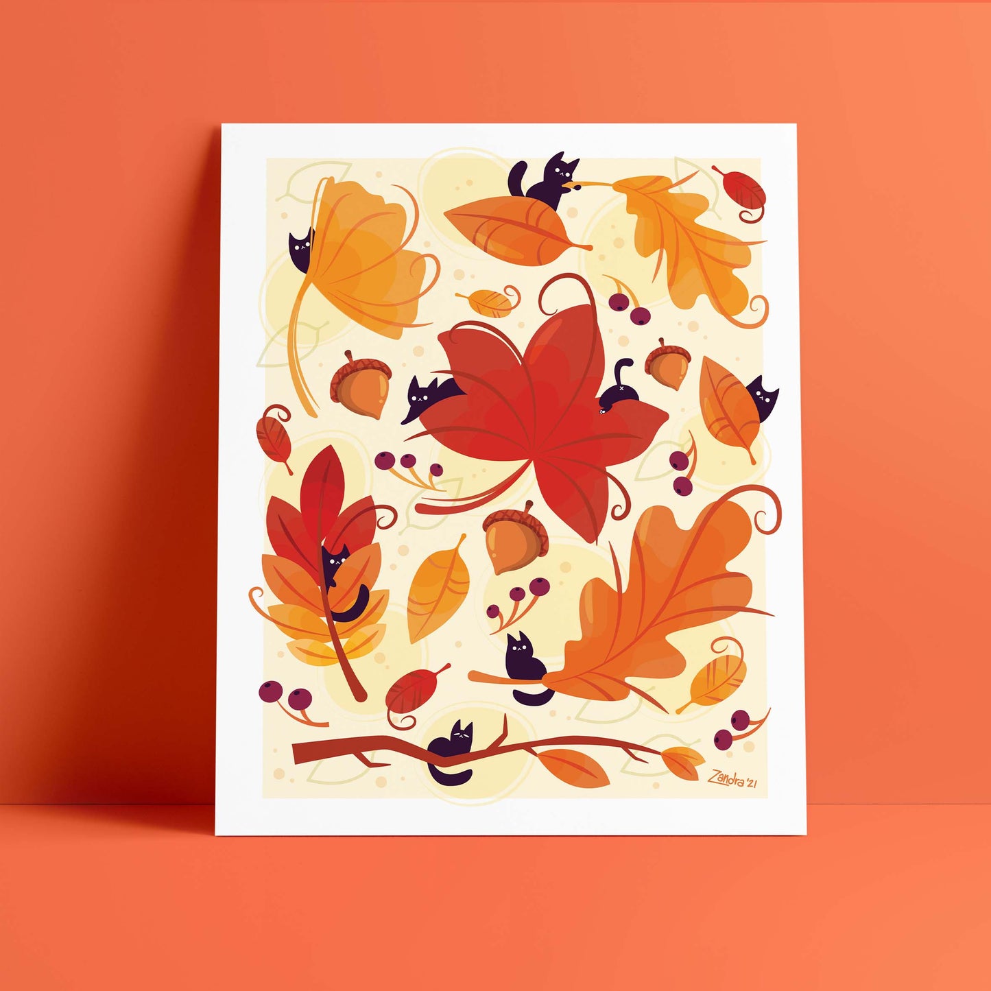 8x10 Autumn Leaves Black Cat Art Print